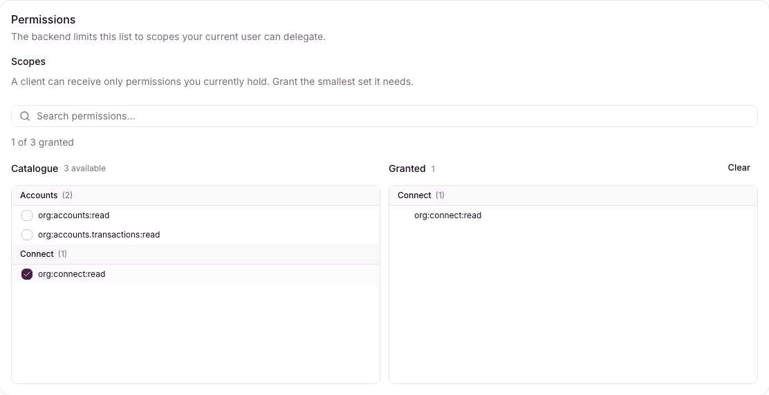 Cowdi Connect scope selector granting only org:connect:read