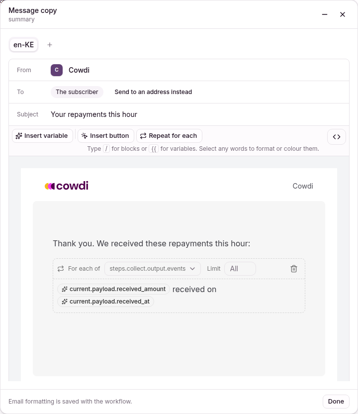 The email editor with a Repeat for each block over the digest events