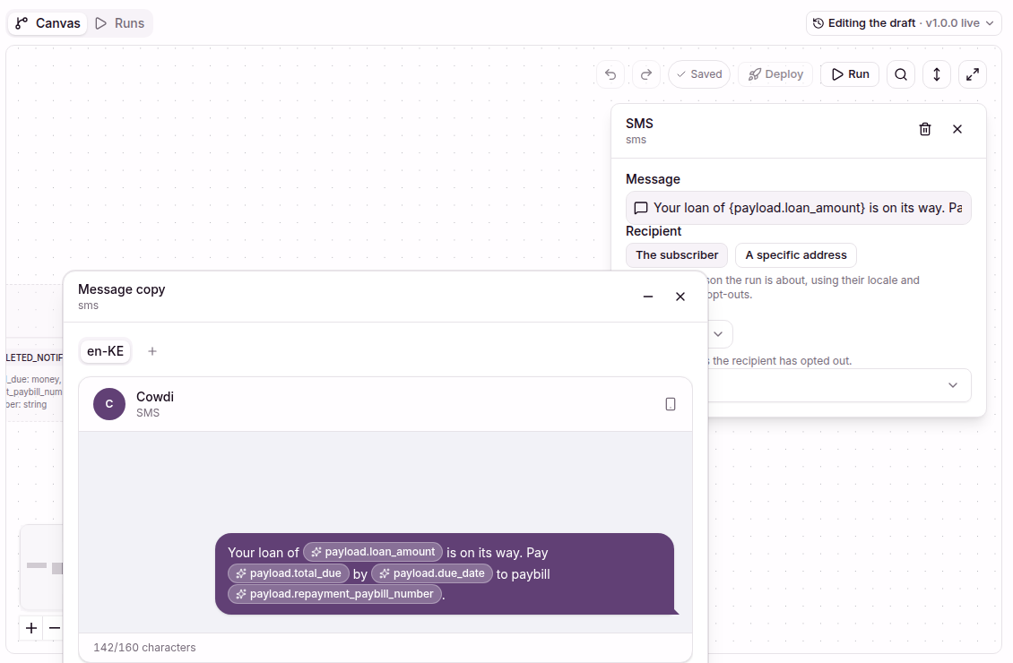 The Message copy window with the SMS text and its variables